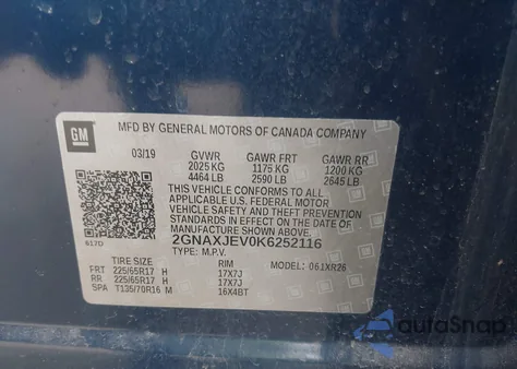 2019 Chevrolet Equinox Lt z USA, uszkodzony, nr VIN 2GNAXJEV0K6252116